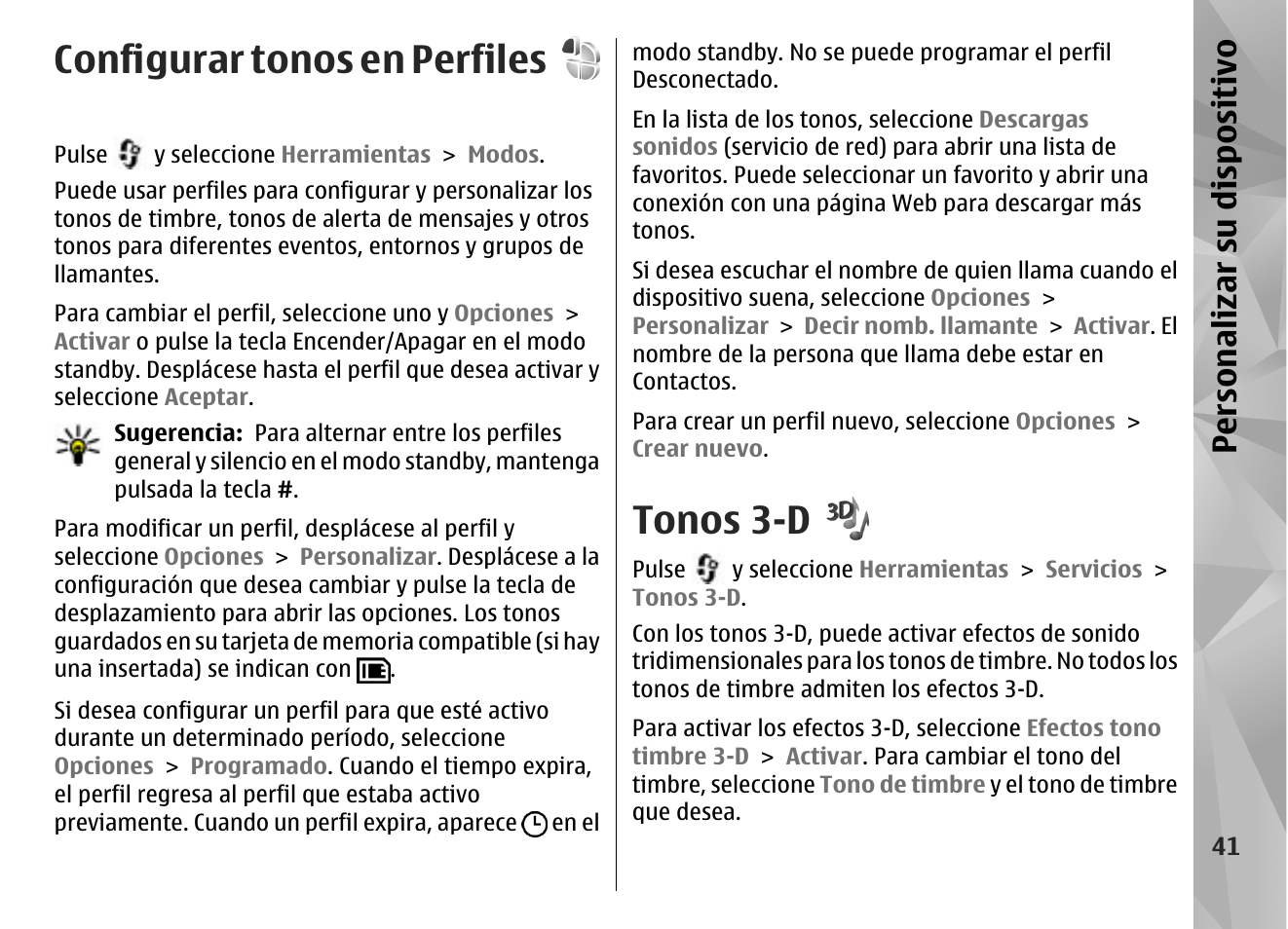 Configurar tonos en perfiles, Tonos 3-d, Personalizar su dis pos itivo | Nokia N96 User Manual | Page 228 / 396