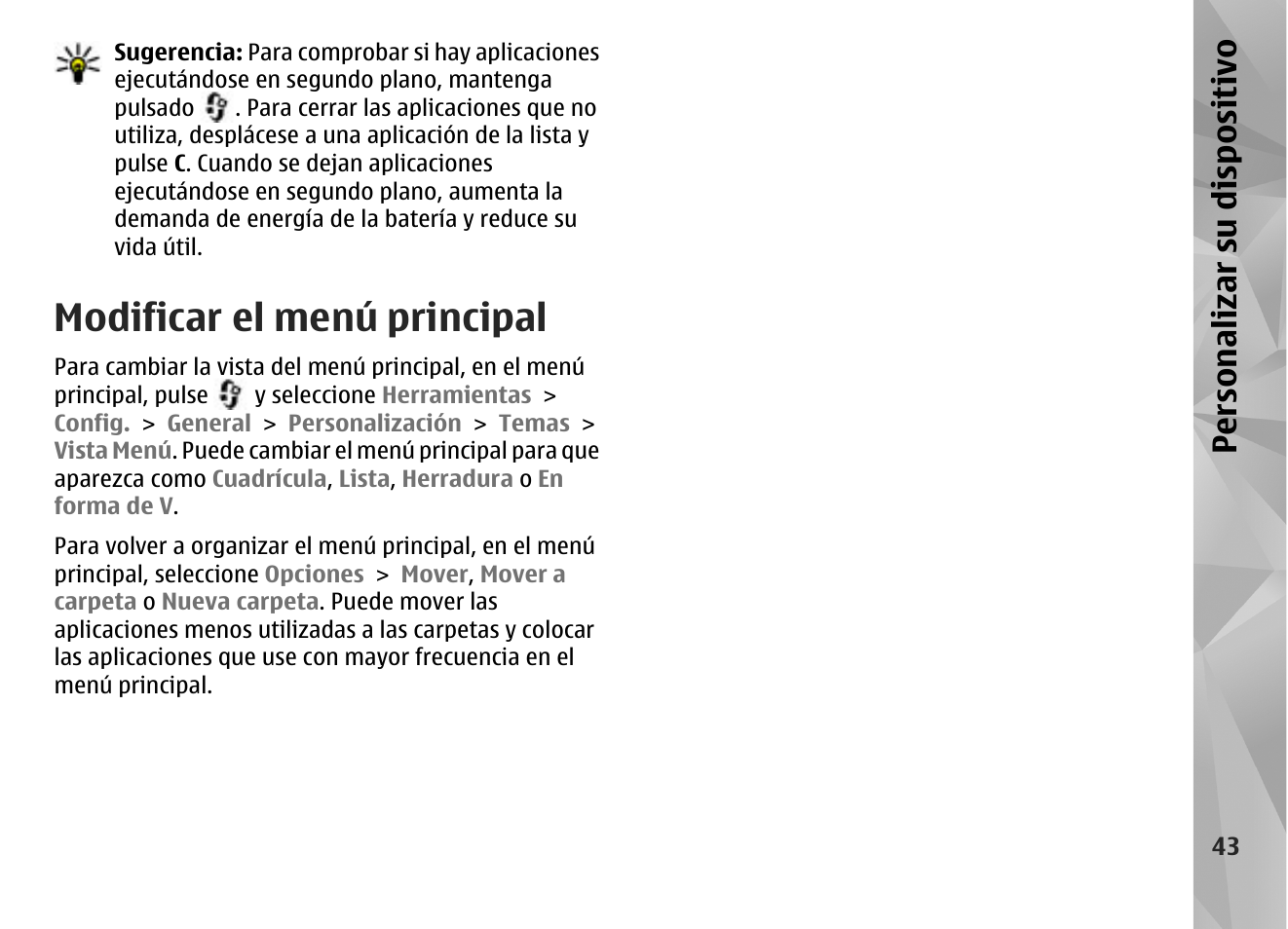 Modificar el menú principal, Personalizar su dis pos itivo | Nokia N96 User Manual | Page 230 / 396