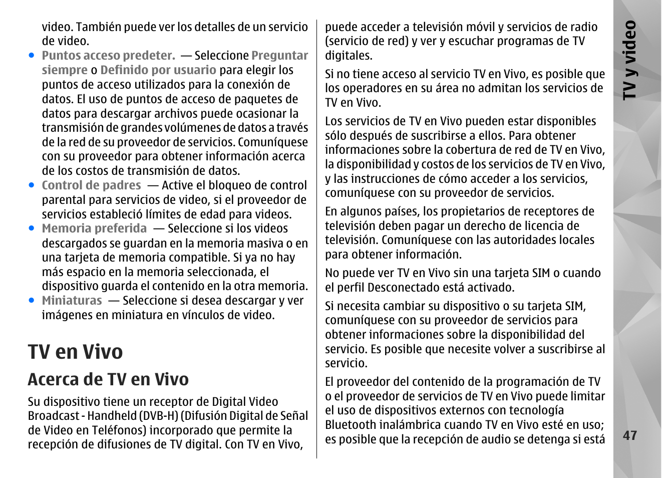 Tv en vivo, Acerca de tv en vivo, Tv y video | Nokia N96 User Manual | Page 234 / 396