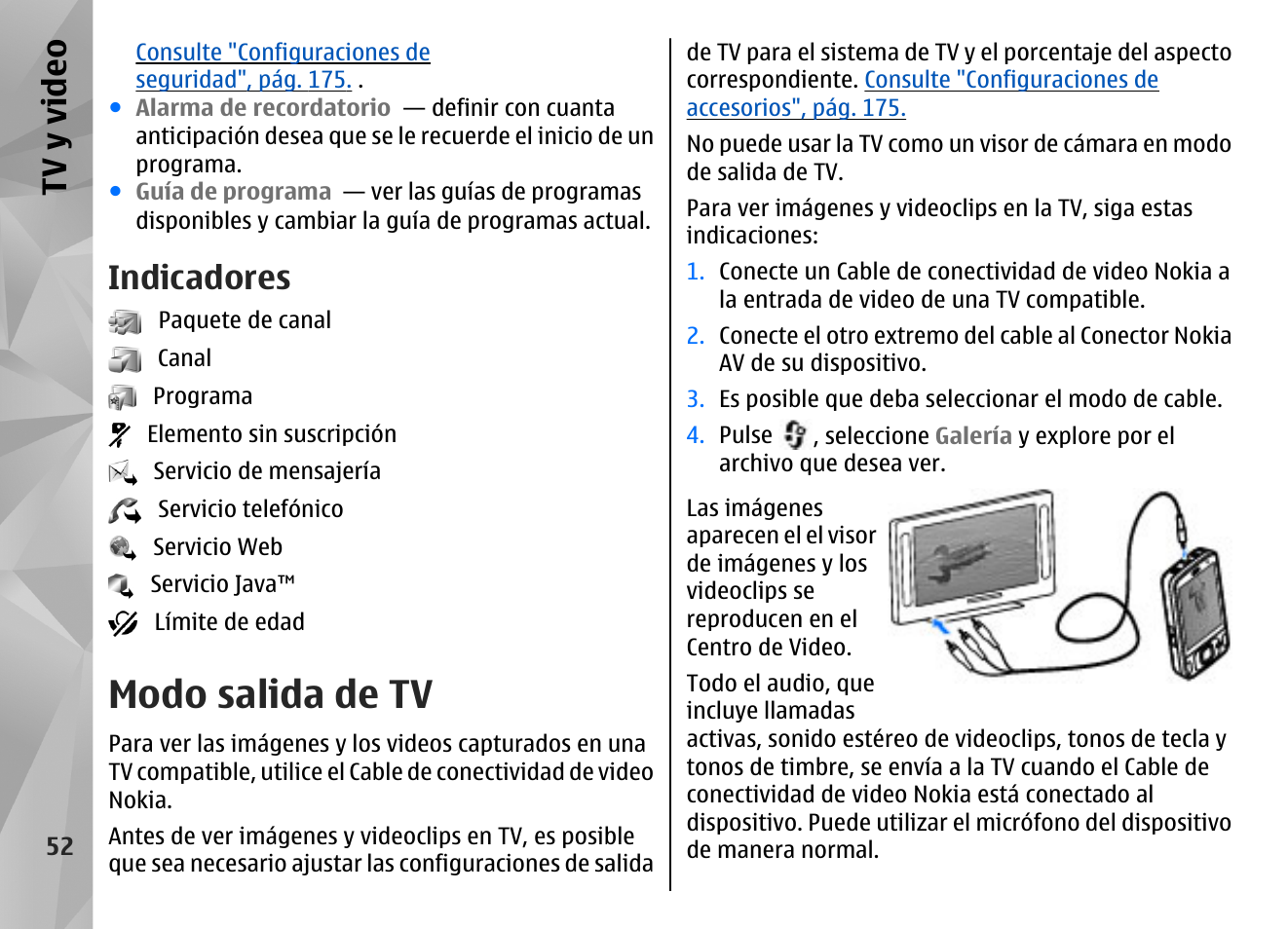 Indicadores, Modo salida de tv, Tv y video | Nokia N96 User Manual | Page 239 / 396