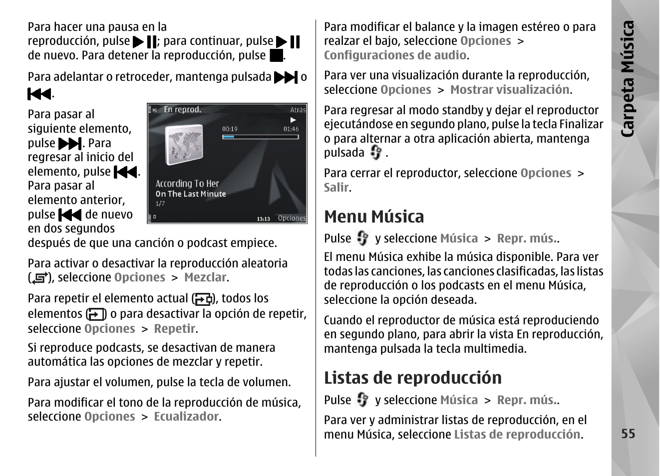 Menu música, Listas de reproducción, Carp eta música | Nokia N96 User Manual | Page 242 / 396