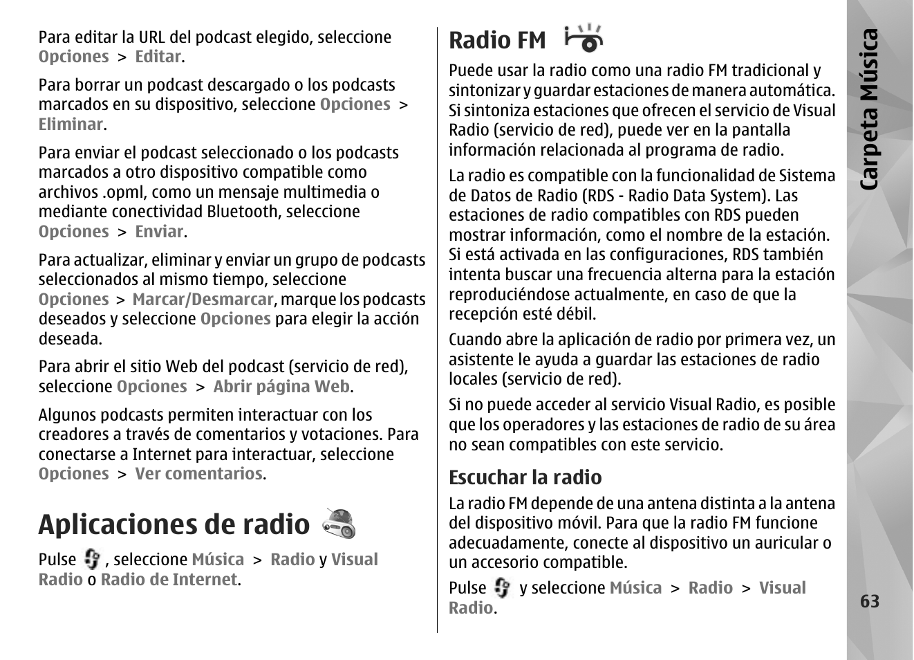 Aplicaciones de radio, Radio fm, Escuchar la radio | Carp eta música | Nokia N96 User Manual | Page 250 / 396