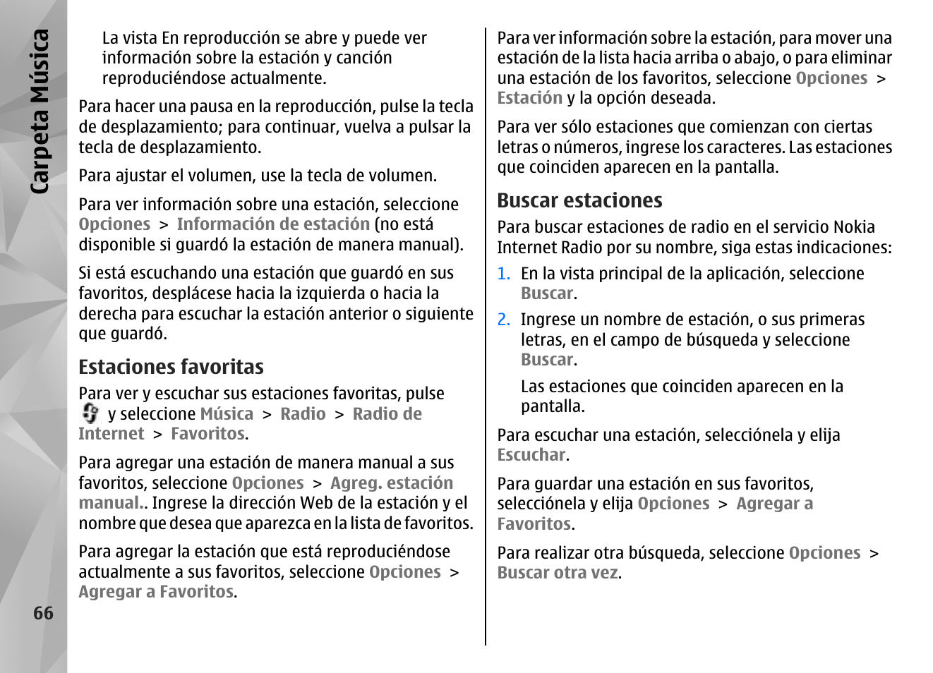 Estaciones favoritas, Buscar estaciones, Carp eta música | Nokia N96 User Manual | Page 253 / 396