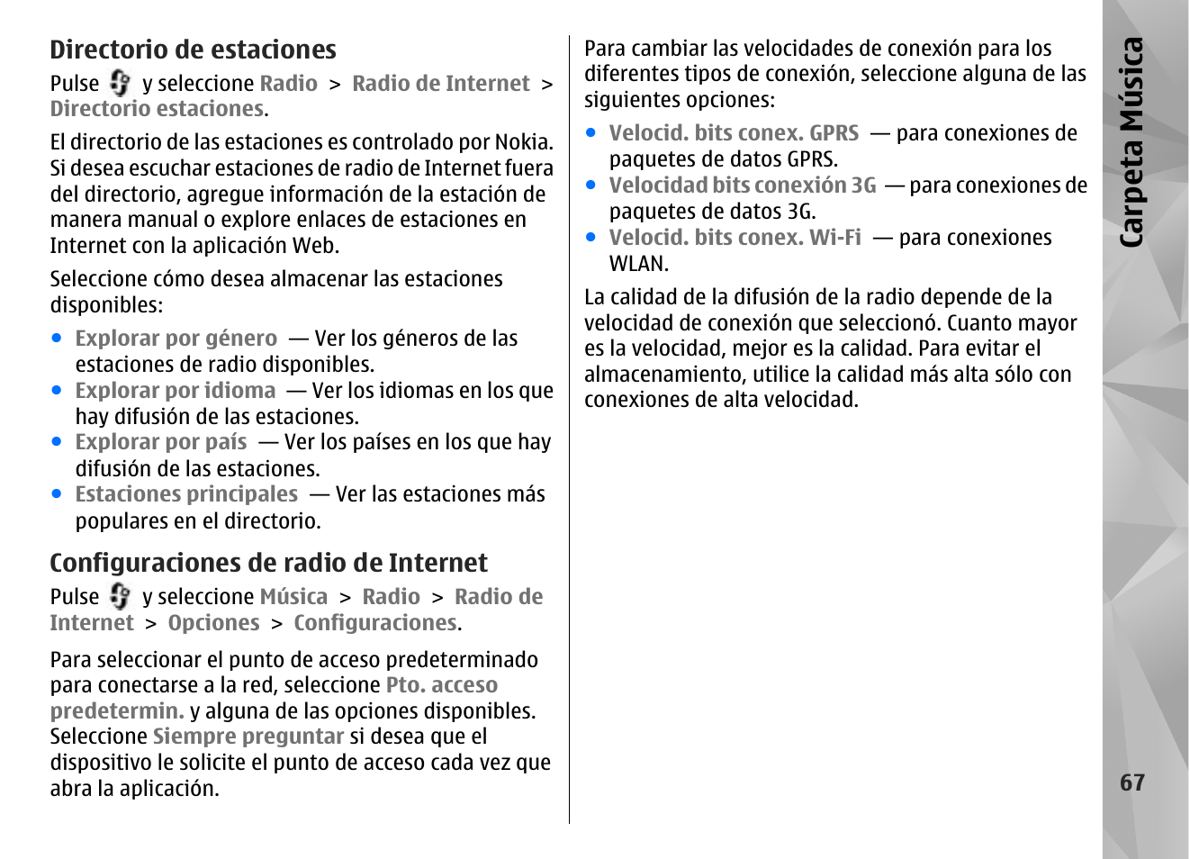 Directorio de estaciones, Configuraciones de radio de internet, Carp eta música | Nokia N96 User Manual | Page 254 / 396