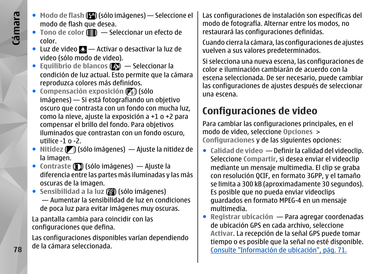 Configuraciones de video, Calidad), Consulte "configuraciones de | Video", pág. 78, Consulte "configuraciones de video", pág. 78, Cá mara | Nokia N96 User Manual | Page 265 / 396