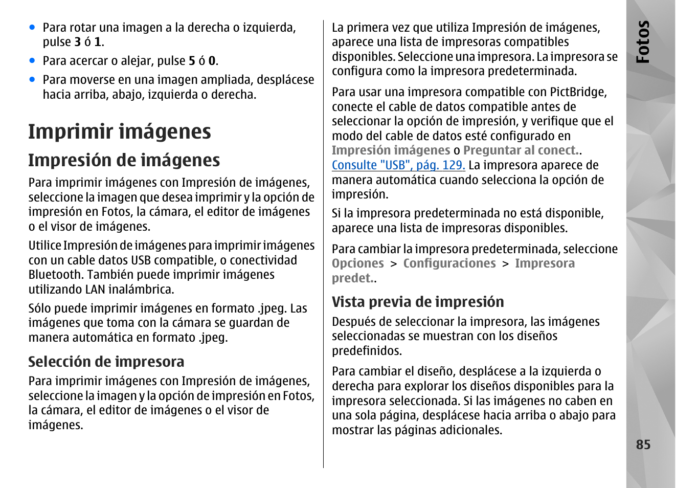 Imprimir imágenes, Impresión de imágenes, Selección de impresora | Vista previa de impresión, Fo to s | Nokia N96 User Manual | Page 272 / 396