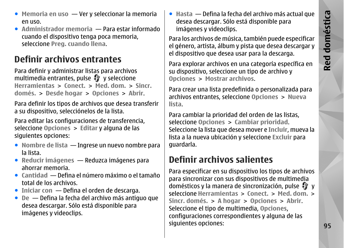 Definir archivos entrantes, Definir archivos salientes, Red doméstica | Nokia N96 User Manual | Page 282 / 396