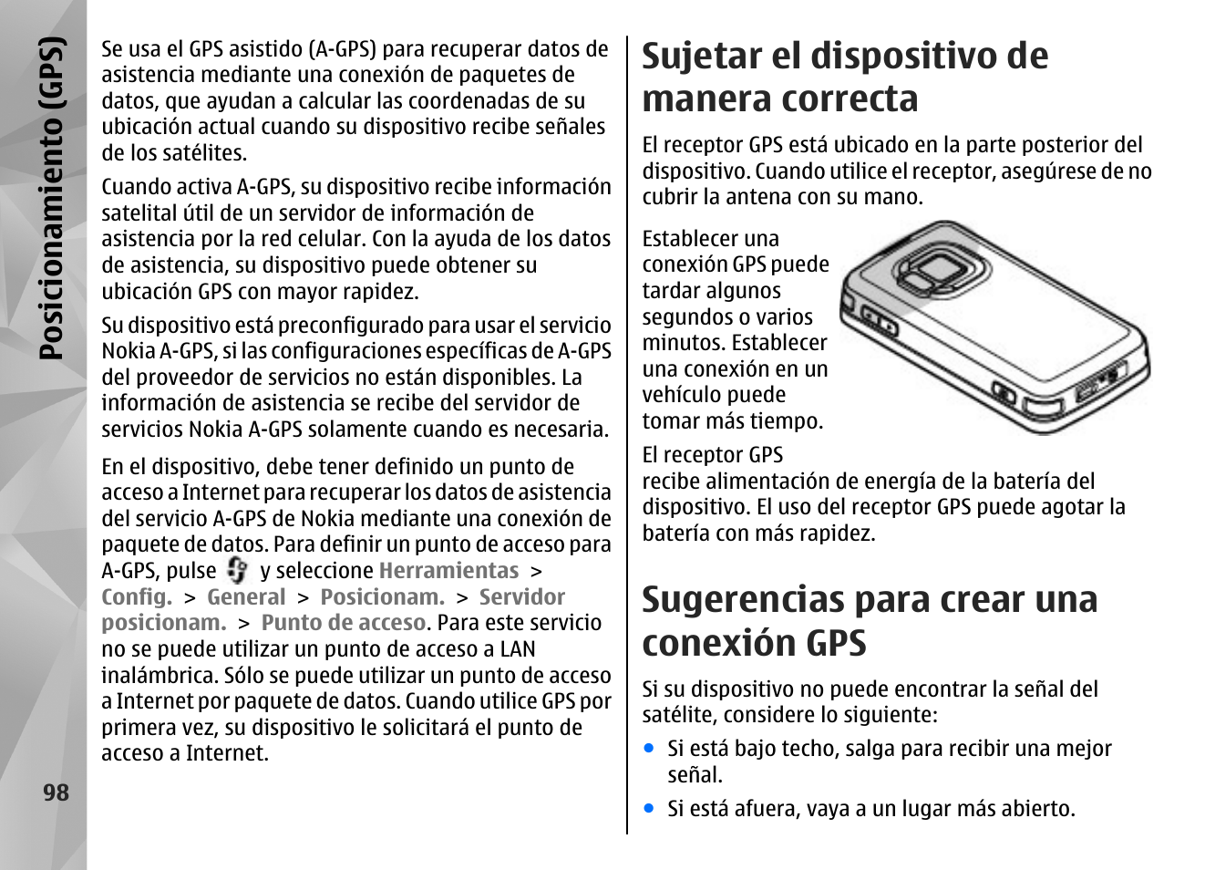 Sujetar el dispositivo de manera correcta, Sugerencias para crear una conexión gps, Posicionamiento (gps) | Nokia N96 User Manual | Page 285 / 396