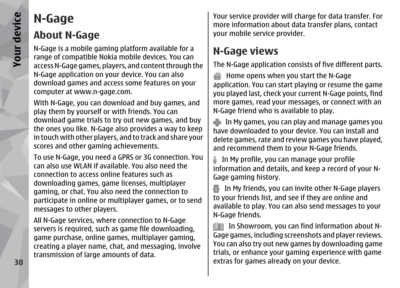 N-gage, About n-gage, N-gage views | Your device | Nokia N96 User Manual | Page 30 / 396