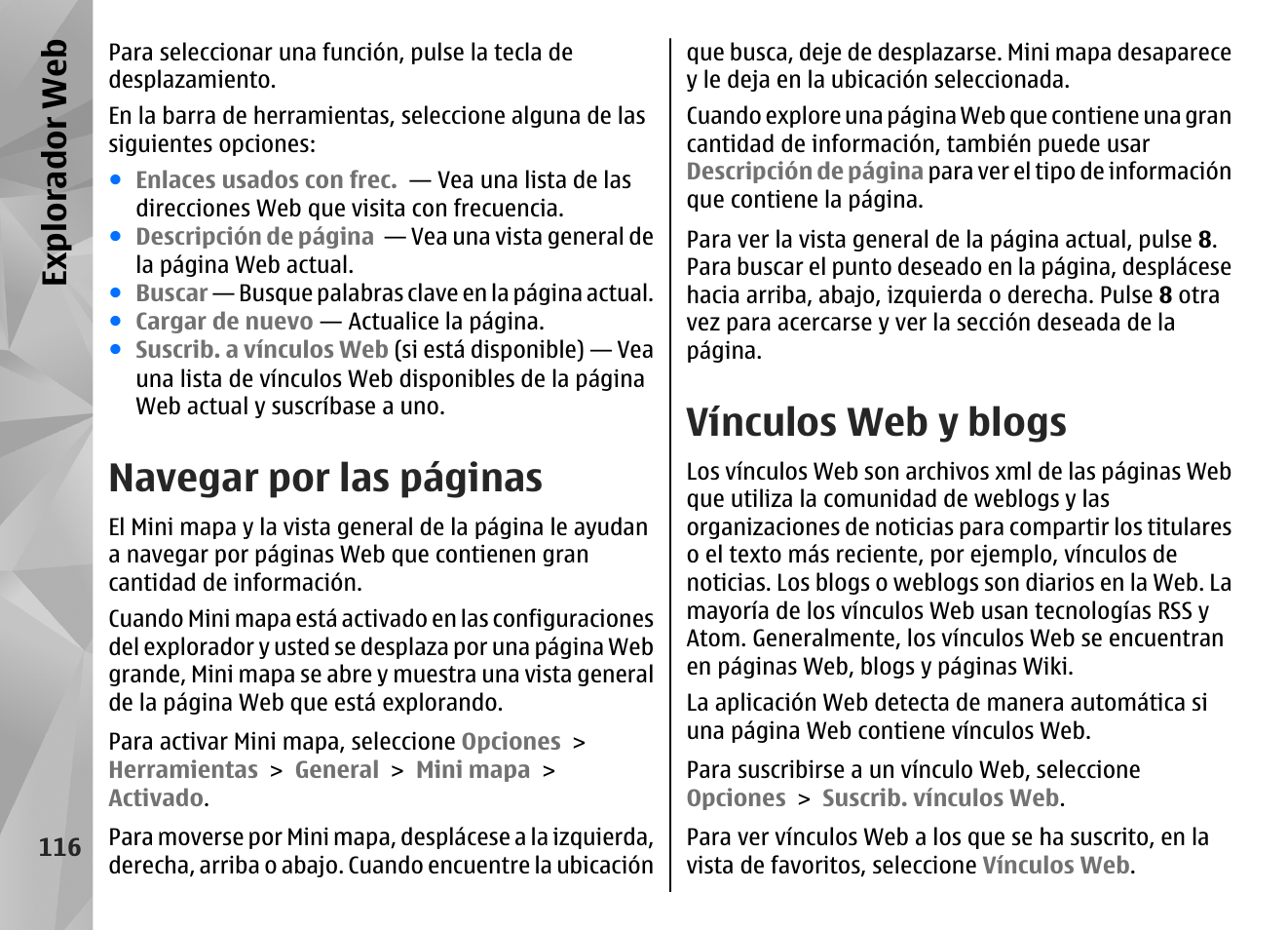 Vínculos web y blogs, Navegar por las páginas, Expl orad or we b | Nokia N96 User Manual | Page 303 / 396