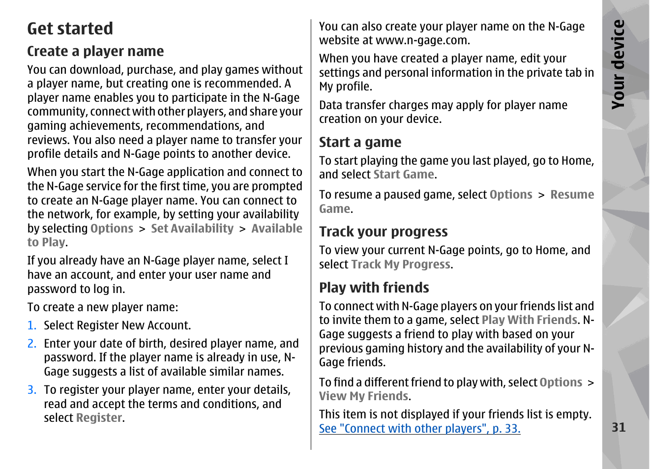 Get started, Create a player name, Start a game | Track your progress, Play with friends, Your device | Nokia N96 User Manual | Page 31 / 396