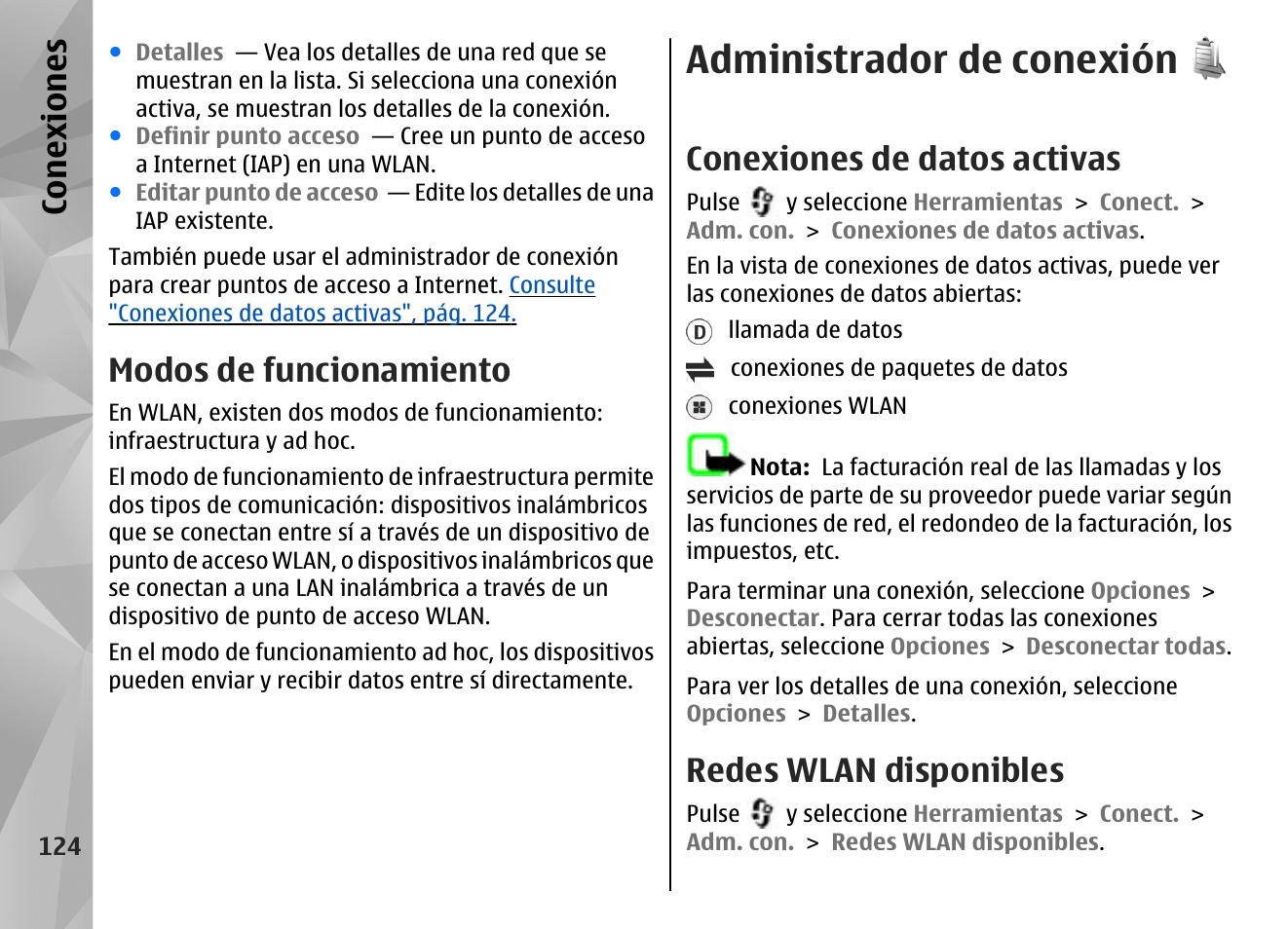 Modos de funcionamiento, Administrador de conexión, Conexiones de datos activas | Redes wlan disponibles, Conexiones | Nokia N96 User Manual | Page 311 / 396