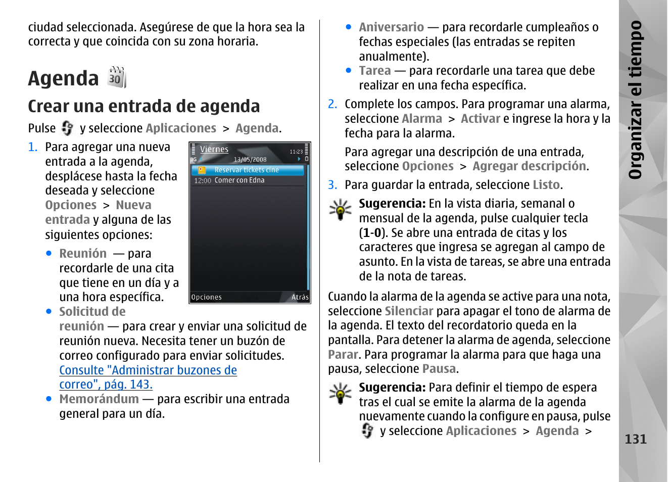 Agenda, Crear una entrada de agenda, Org an izar el ti empo | Nokia N96 User Manual | Page 318 / 396