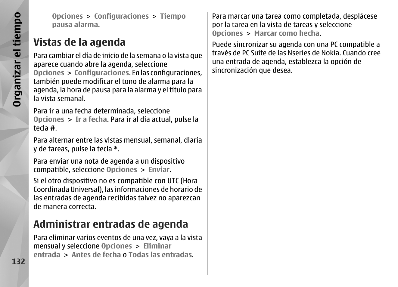 Vistas de la agenda, Administrar entradas de agenda, Org an izar el ti empo | Nokia N96 User Manual | Page 319 / 396