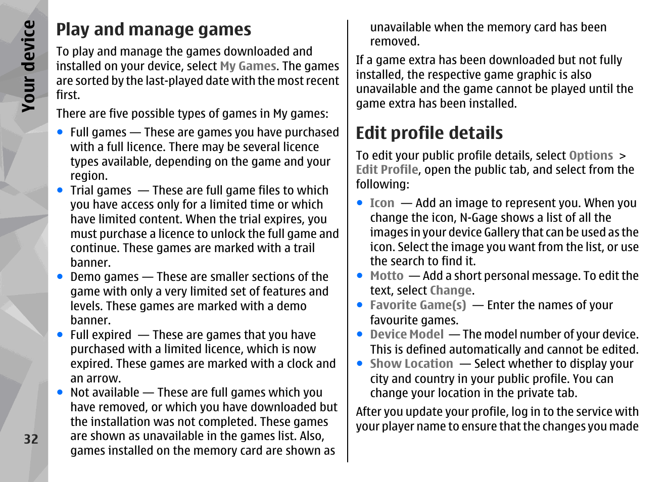 Play and manage games, Edit profile details, Your device | Nokia N96 User Manual | Page 32 / 396