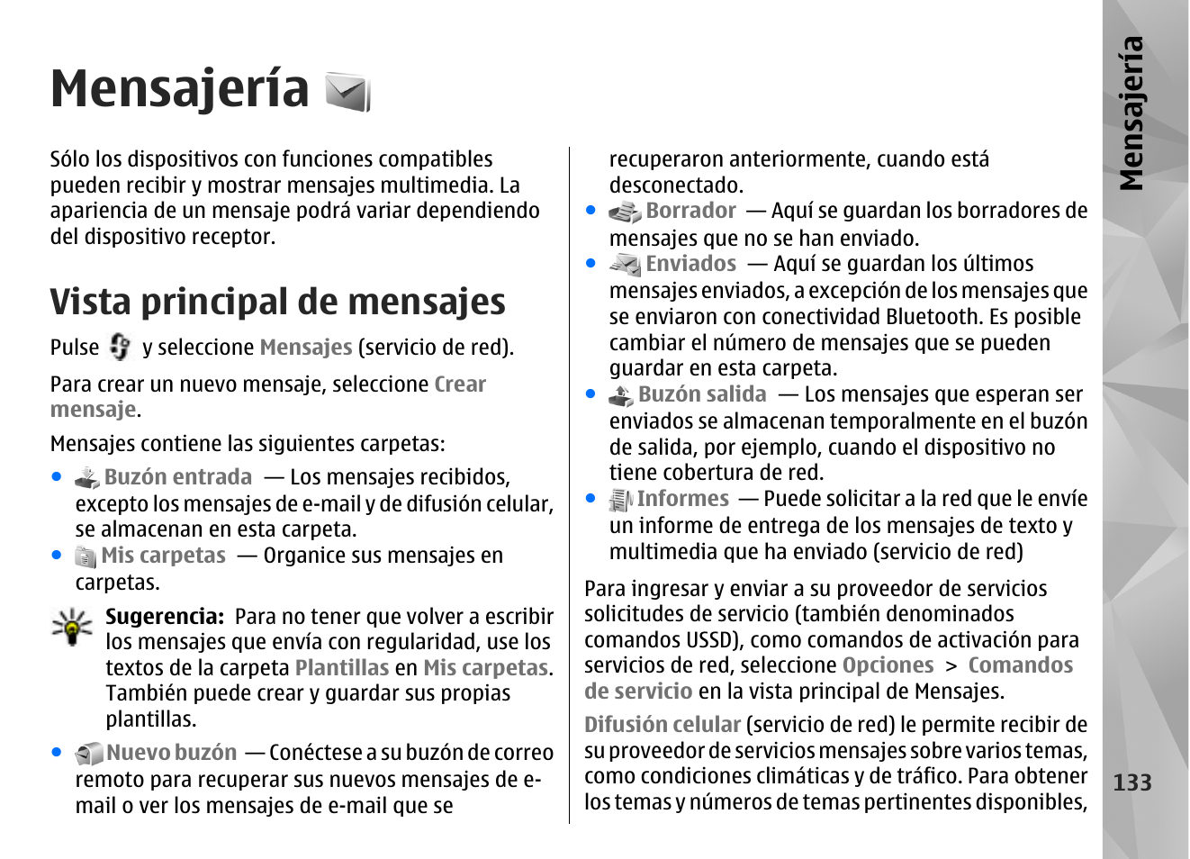 Mensajería, Vista principal de mensajes | Nokia N96 User Manual | Page 320 / 396