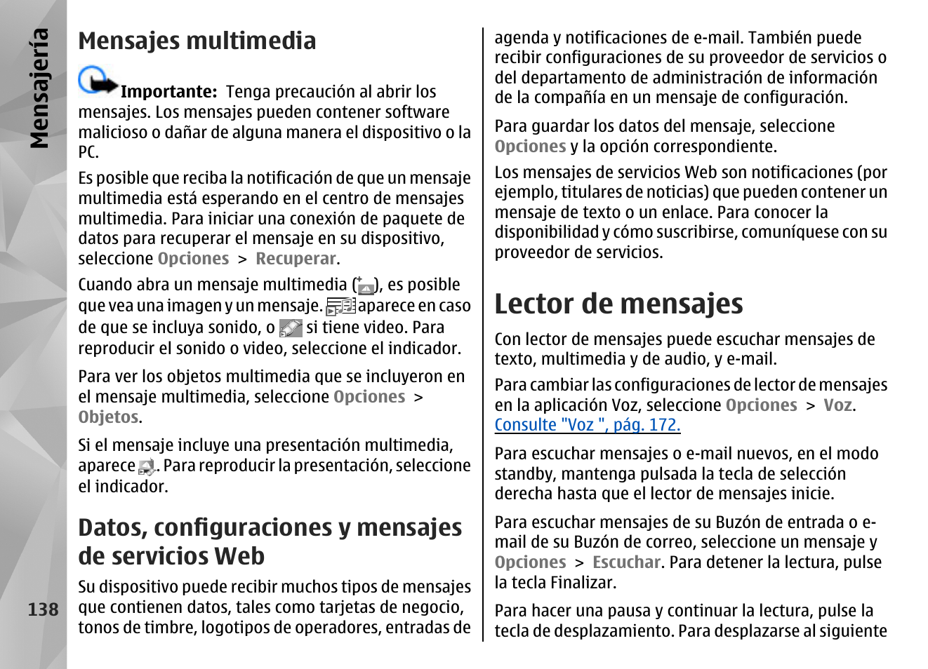 Mensajes multimedia, Datos, configuraciones y mensajes de servicios web, Lector de mensajes | Datos, configuraciones y mensajes de servicios, Mensajería | Nokia N96 User Manual | Page 325 / 396