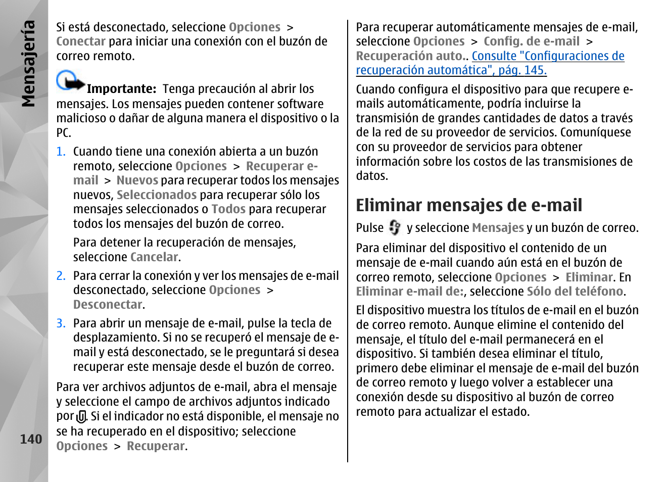 Eliminar mensajes de e-mail, Mensajería | Nokia N96 User Manual | Page 327 / 396