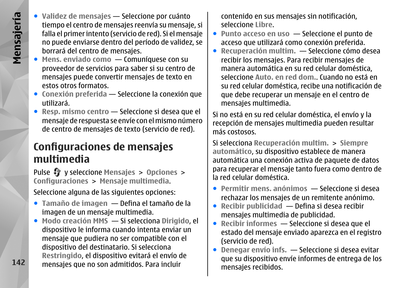 Configuraciones de mensajes multimedia, Mensajería | Nokia N96 User Manual | Page 329 / 396