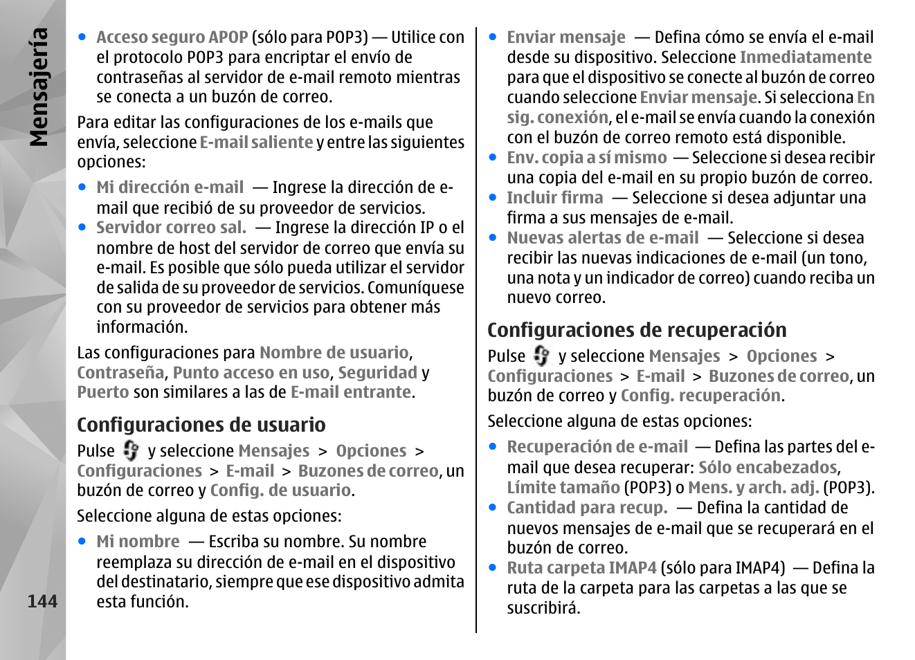 Configuraciones de usuario, Configuraciones de recuperación, Mensajería | Nokia N96 User Manual | Page 331 / 396