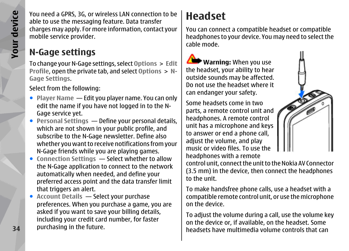 N-gage settings, Headset, Your device | Nokia N96 User Manual | Page 34 / 396