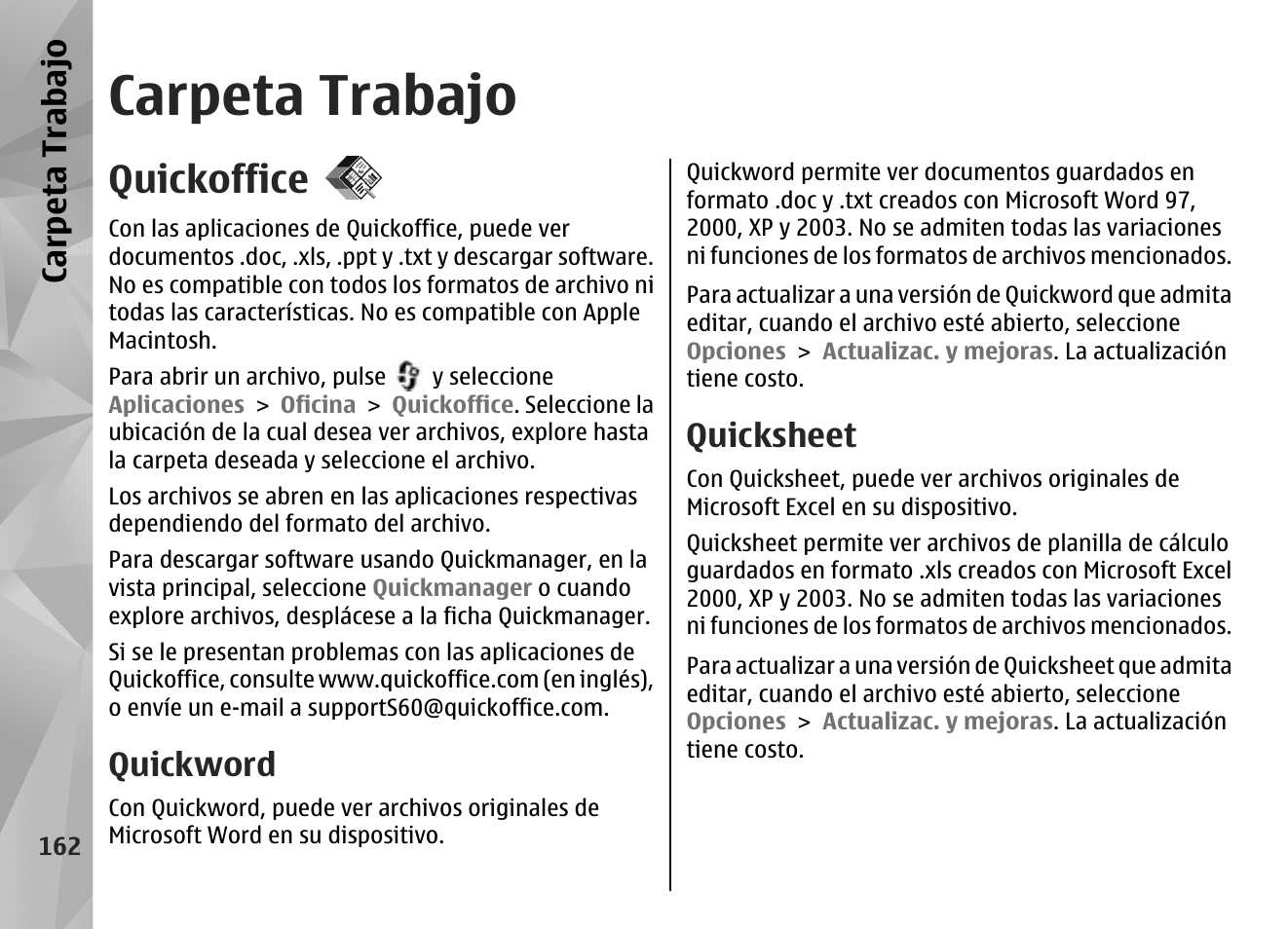 Carpeta trabajo, Quickoffice, Quickword | Quicksheet | Nokia N96 User Manual | Page 349 / 396