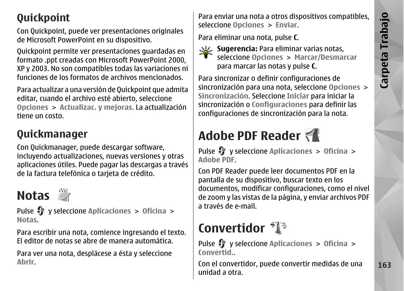 Quickpoint, Quickmanager, Notas | Adobe pdf reader, Convertidor, Carpeta trabajo | Nokia N96 User Manual | Page 350 / 396