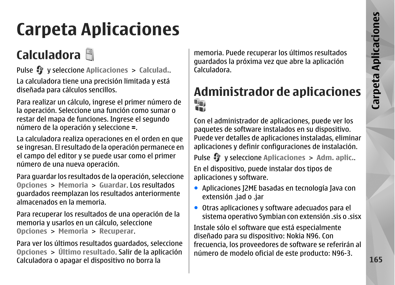 Carpeta aplicaciones, Calculadora, Administrador de aplicaciones | Ca rp eta aplica cion es | Nokia N96 User Manual | Page 352 / 396