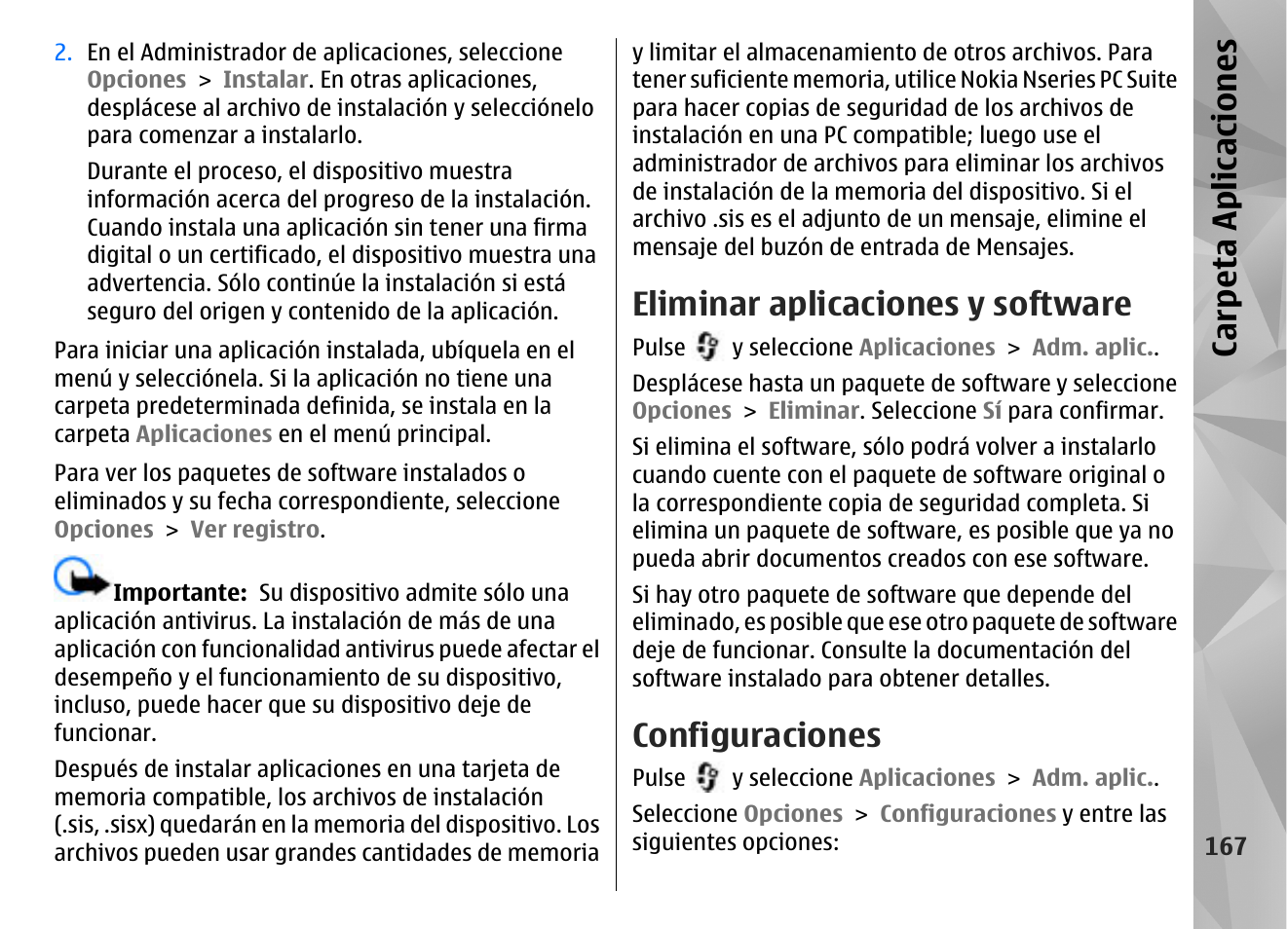 Eliminar aplicaciones y software, Configuraciones, Ca rp eta aplica cion es | Nokia N96 User Manual | Page 354 / 396