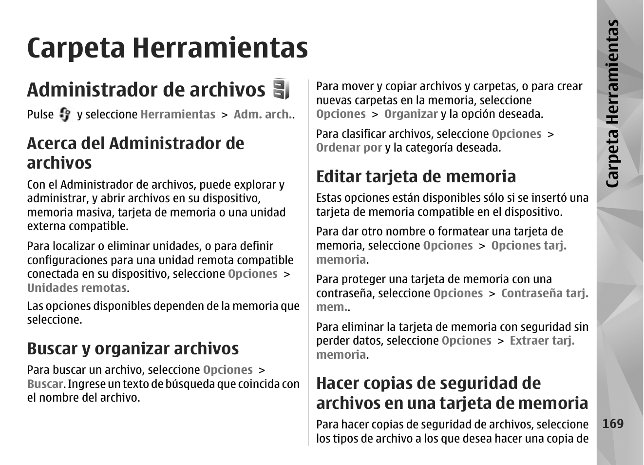 Carpeta herramientas, Administrador de archivos, Acerca del administrador de archivos | Buscar y organizar archivos, Editar tarjeta de memoria, De memoria | Nokia N96 User Manual | Page 356 / 396
