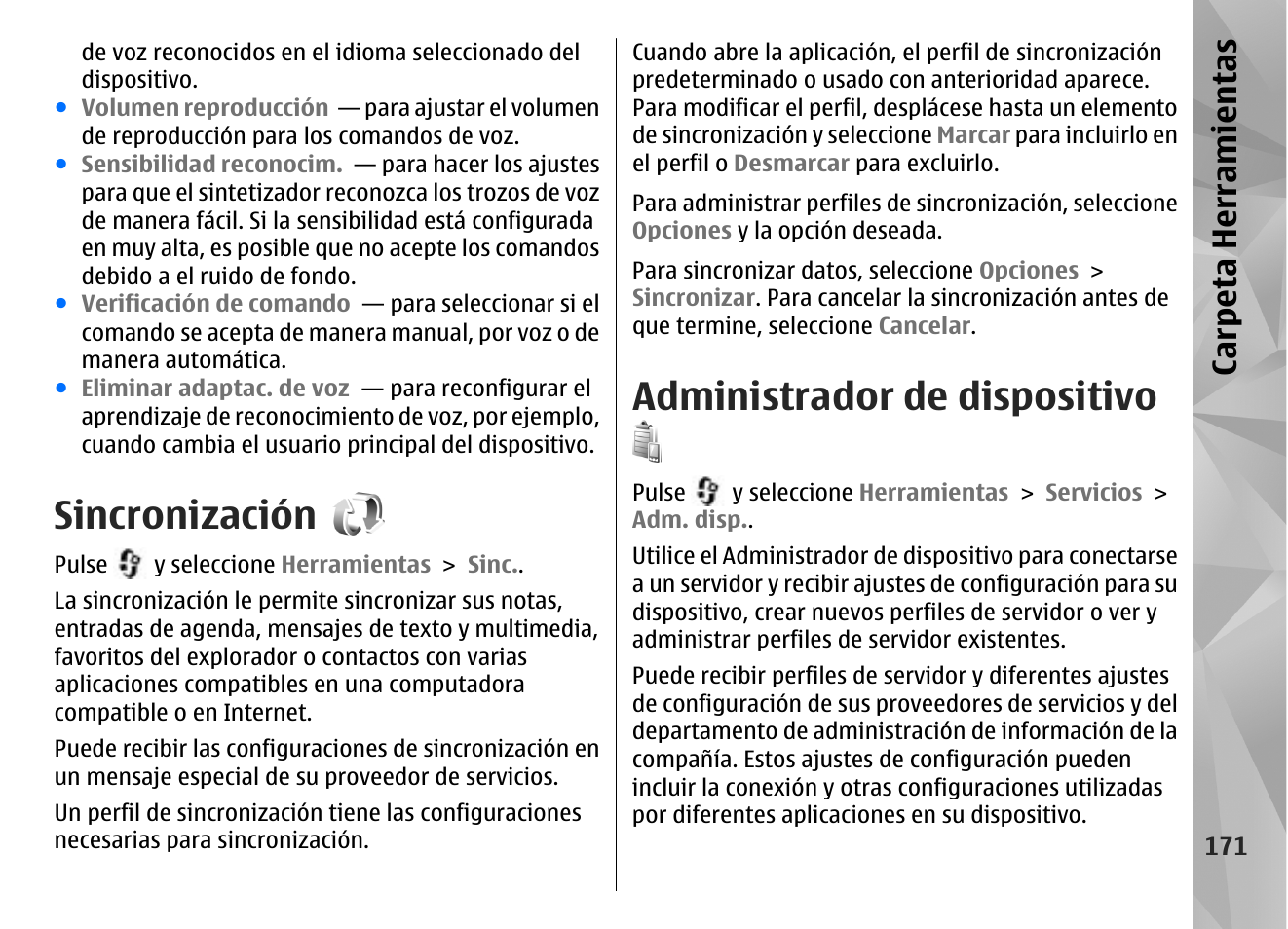 Sincronización, Administrador de dispositivo, Carpeta herramientas | Nokia N96 User Manual | Page 358 / 396