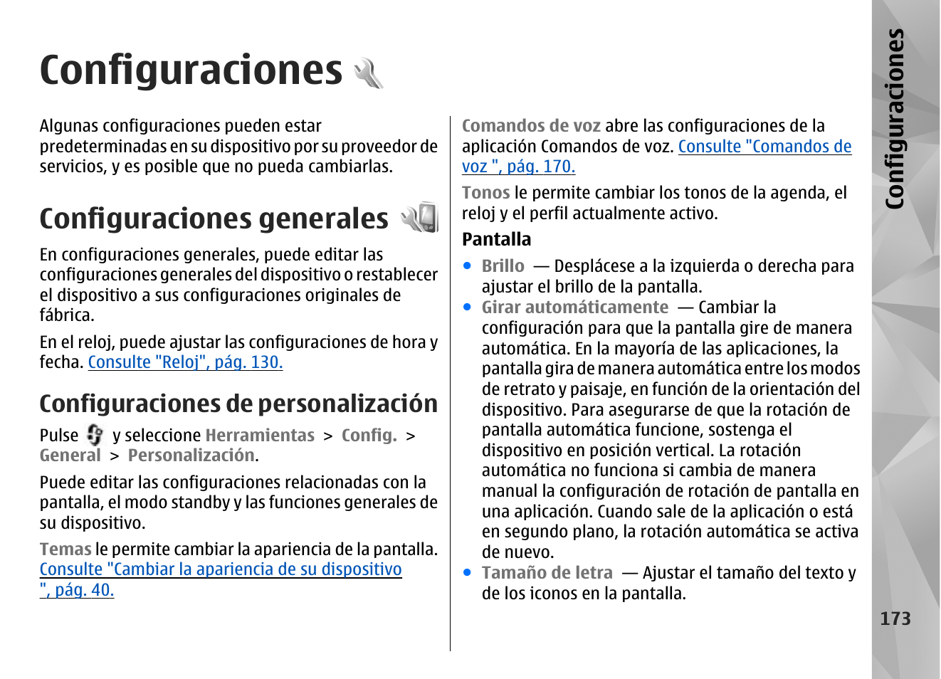 Configuraciones, Configuraciones generales, Configuraciones de personalización | Nokia N96 User Manual | Page 360 / 396