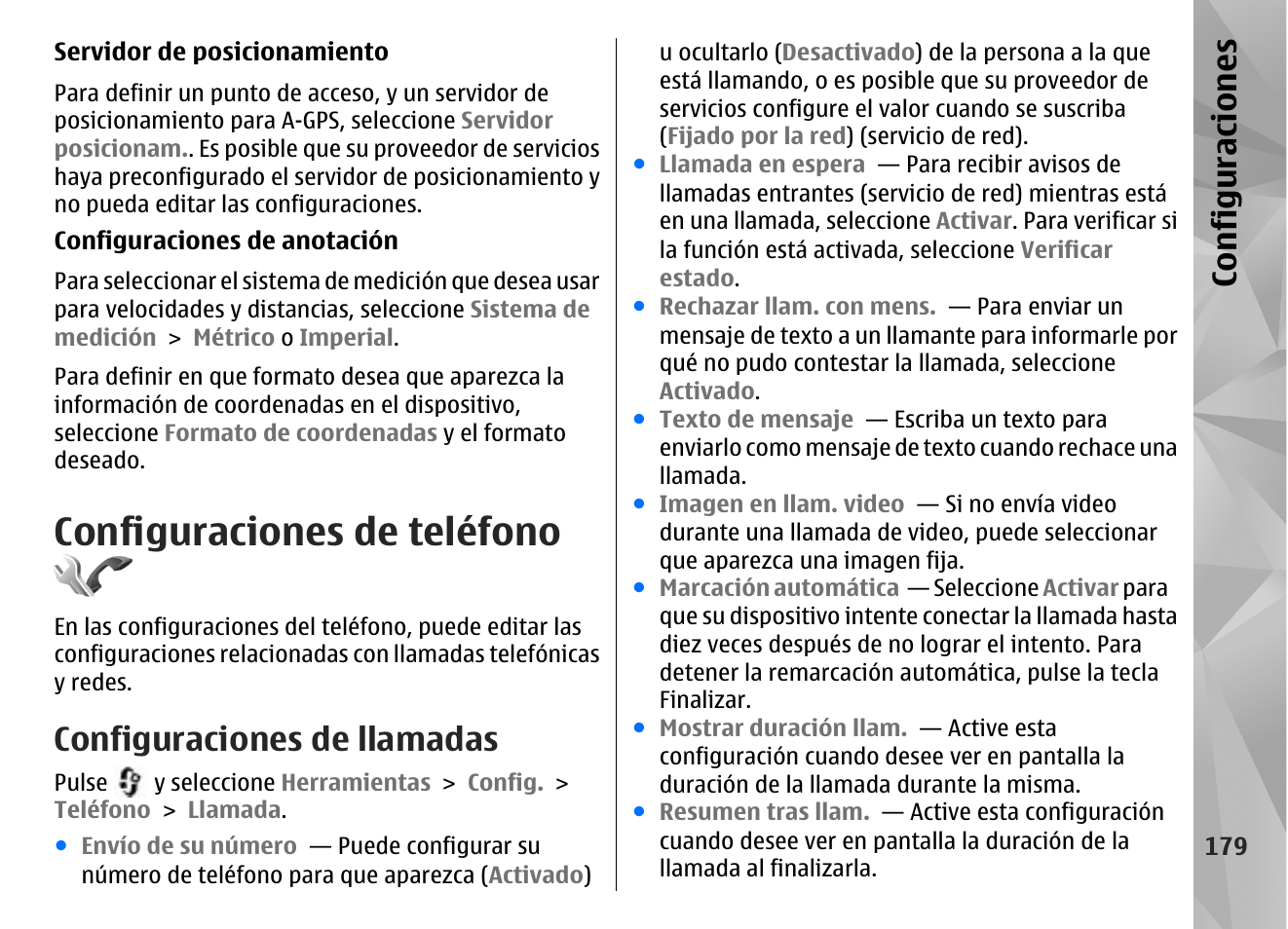 Configuraciones de teléfono, Configuraciones de llamadas, Configuraciones | Nokia N96 User Manual | Page 366 / 396