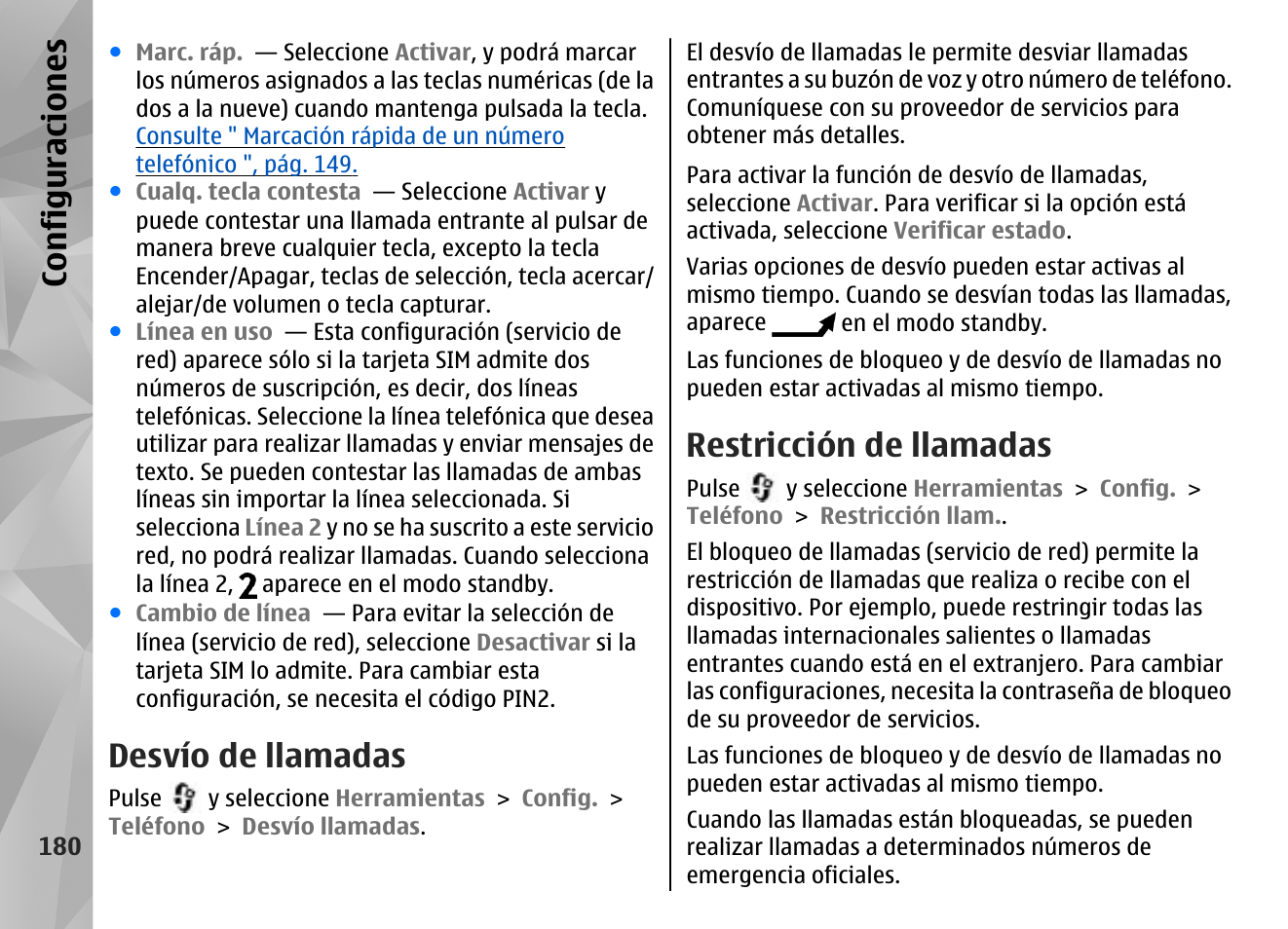 Desvío de llamadas, Restricción de llamadas, Configuraciones | Nokia N96 User Manual | Page 367 / 396