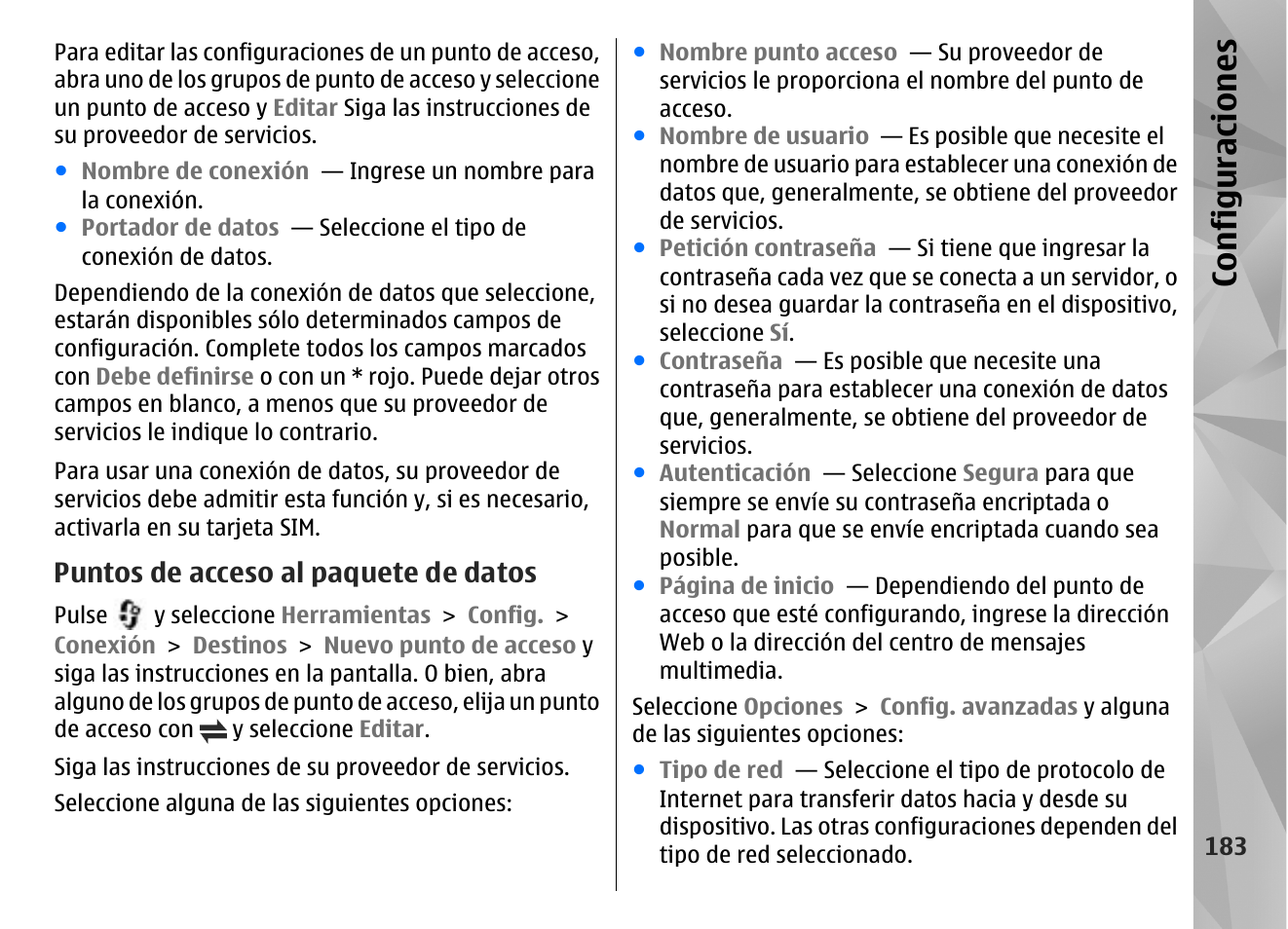 Puntos de acceso al paquete de datos, Configuraciones | Nokia N96 User Manual | Page 370 / 396