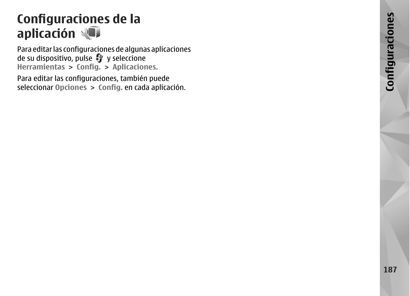 Configuraciones de la aplicación, Configuraciones | Nokia N96 User Manual | Page 374 / 396