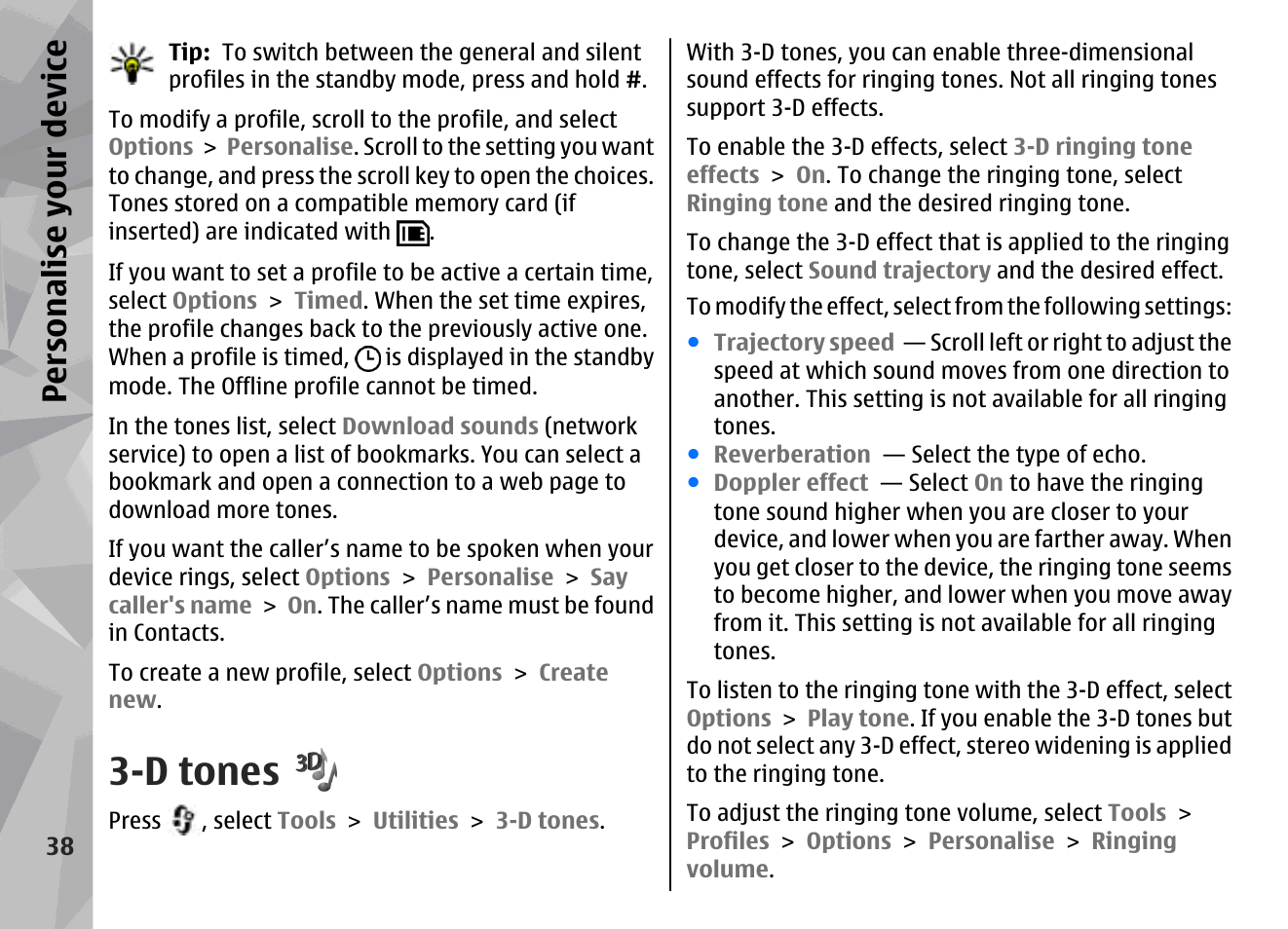 D tones, Persona lise your de vice | Nokia N96 User Manual | Page 38 / 396
