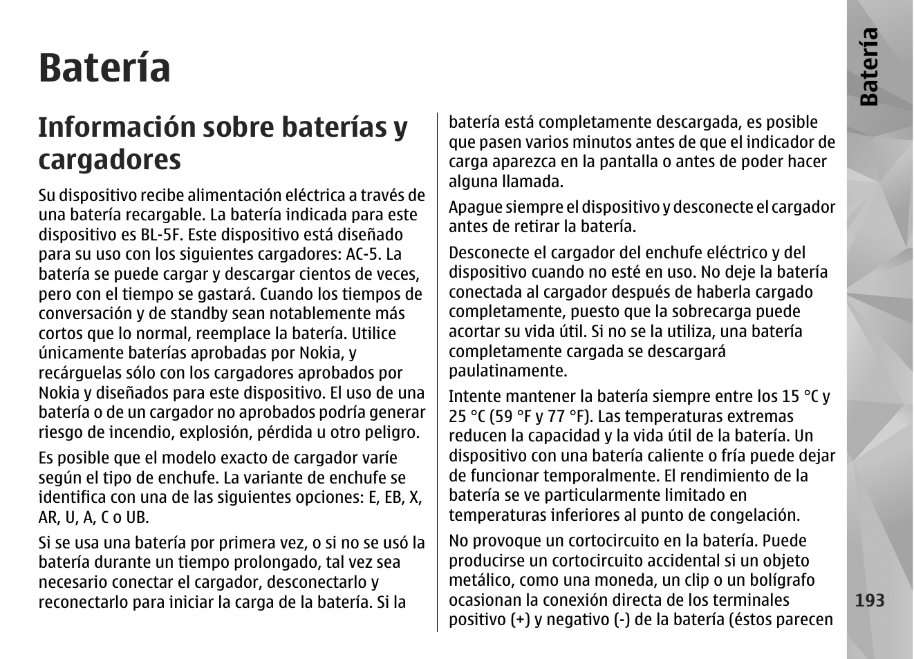 Batería, Información sobre baterías y cargadores | Nokia N96 User Manual | Page 380 / 396