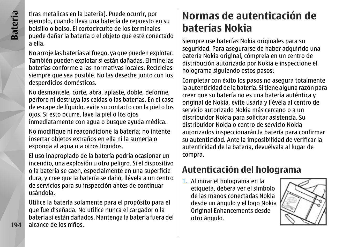 Normas de autenticación de baterías nokia, Autenticación del holograma, Batería | Nokia N96 User Manual | Page 381 / 396