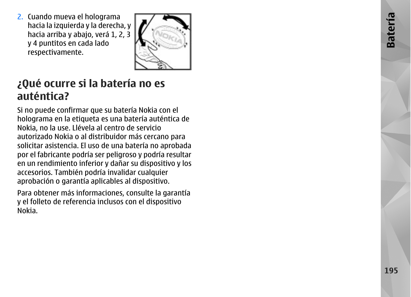 Qué ocurre si la batería no es auténtica, Batería | Nokia N96 User Manual | Page 382 / 396