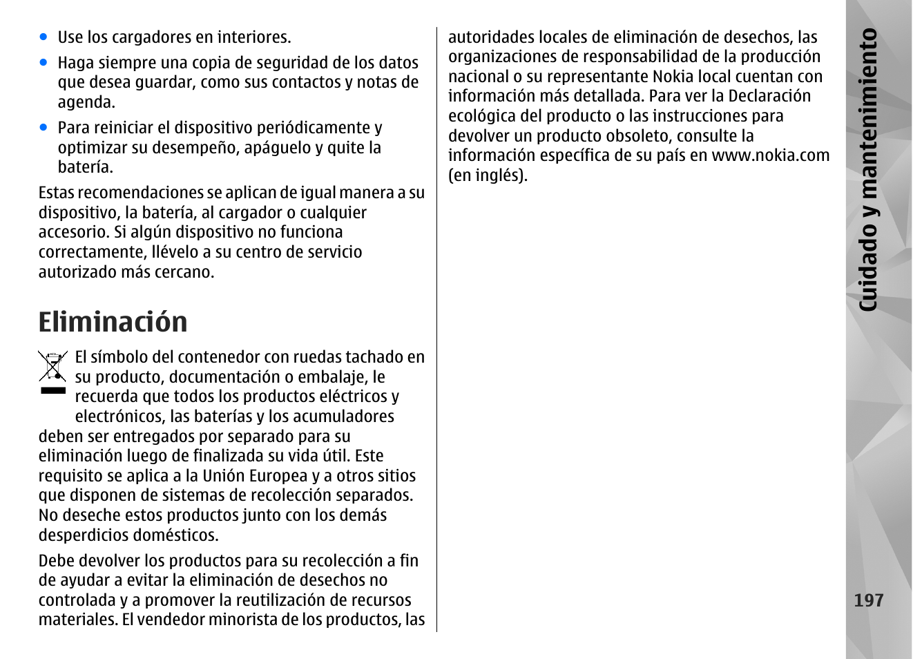 Eliminación, Cuidado y m antenimiento | Nokia N96 User Manual | Page 384 / 396