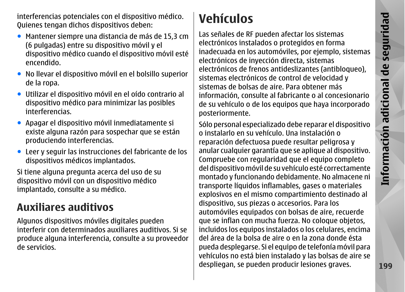 Auxiliares auditivos, Vehículos, Info rm ación a dic ion al de se gu ridad | Nokia N96 User Manual | Page 386 / 396