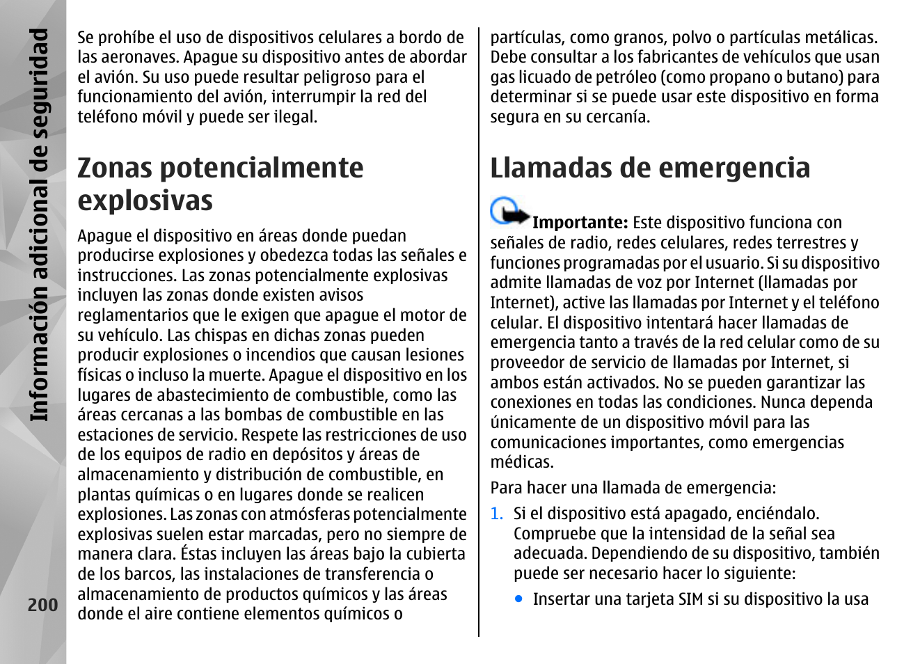 Zonas potencialmente explosivas, Llamadas de emergencia, Info rm ación a dic ion al de se gu ridad | Nokia N96 User Manual | Page 387 / 396