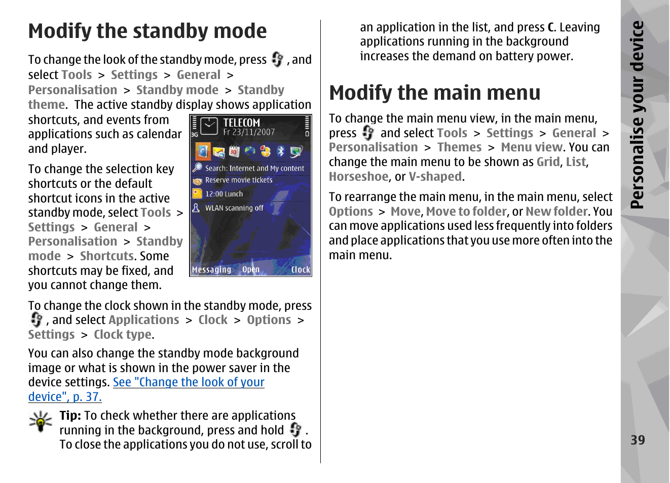 Modify the standby mode, Modify the main menu, Persona lise your de vice | Nokia N96 User Manual | Page 39 / 396