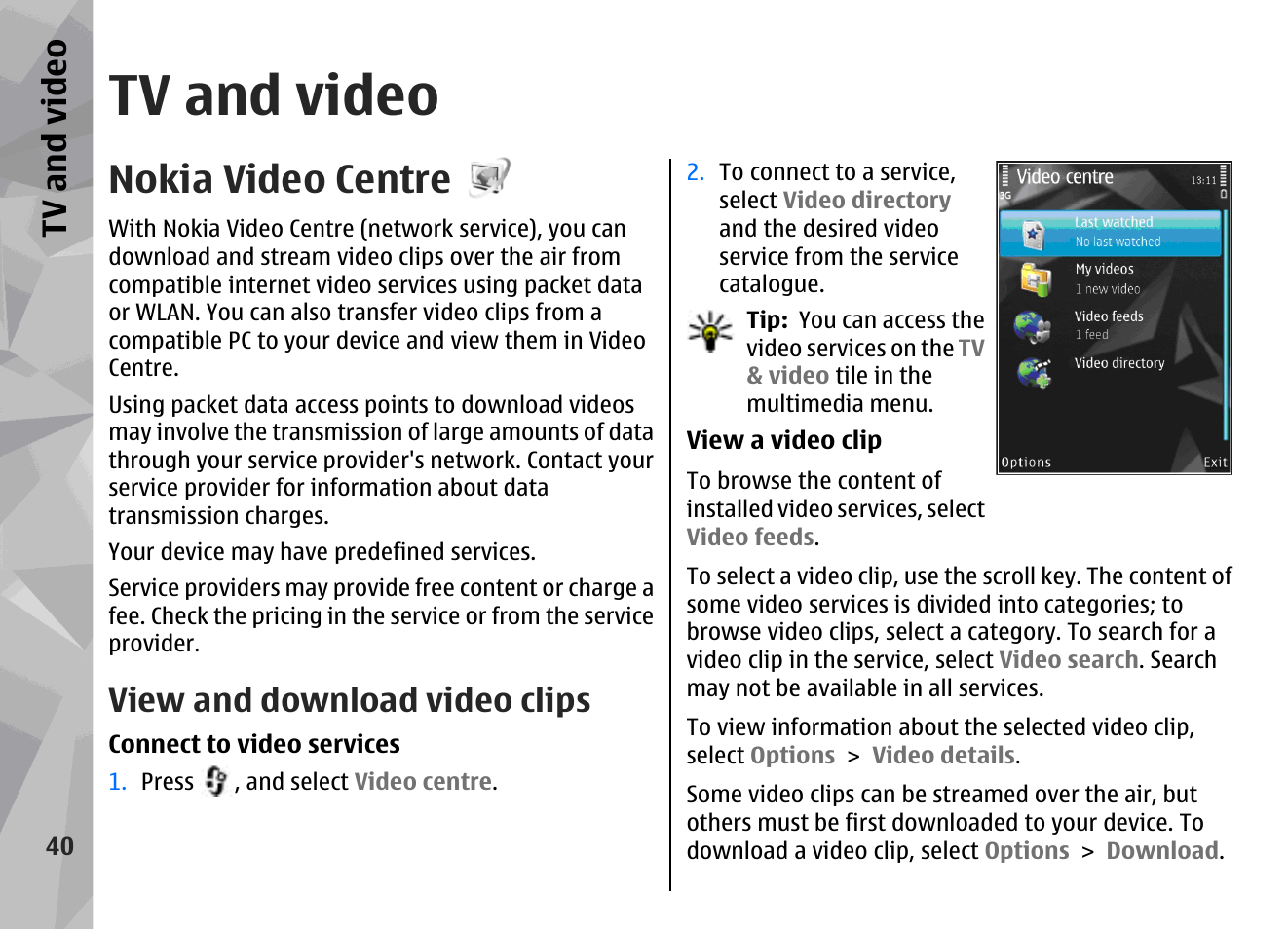 Tv and video, Nokia video centre, View and download video clips | Tv and vid eo | Nokia N96 User Manual | Page 40 / 396