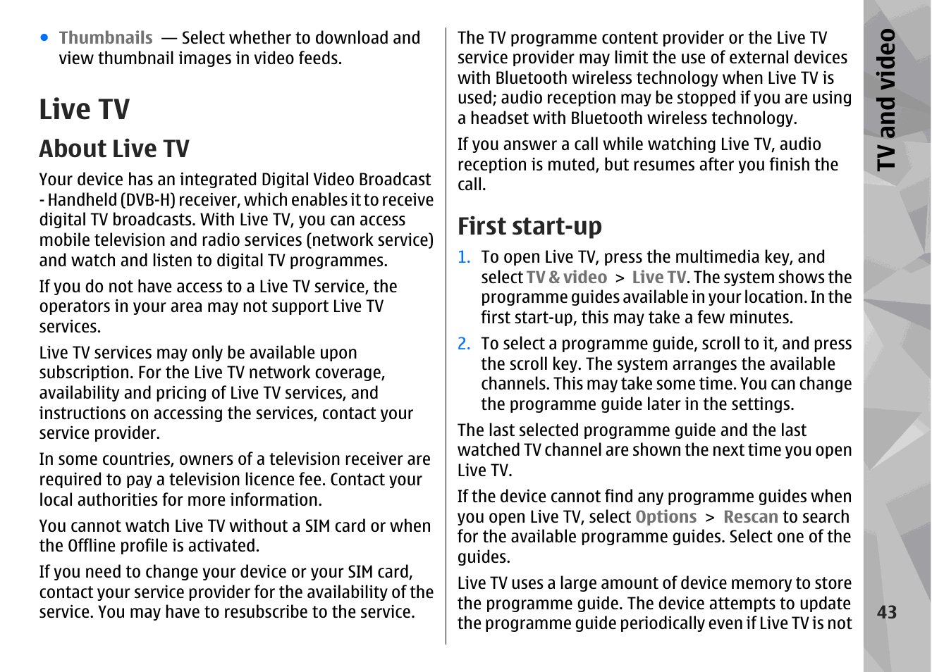 Live tv, About live tv, First start-up | Tv and vid eo | Nokia N96 User Manual | Page 43 / 396