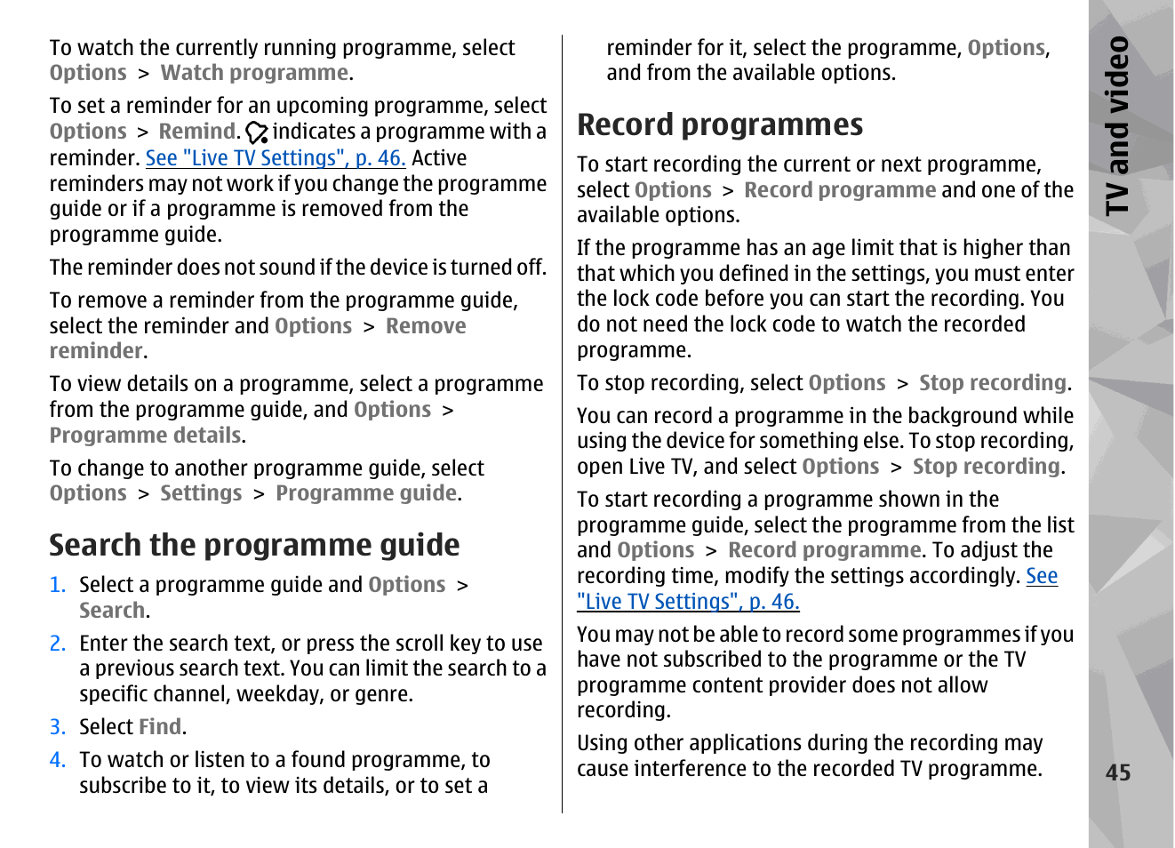 Search the programme guide, Record programmes, Tv and vid eo | Nokia N96 User Manual | Page 45 / 396