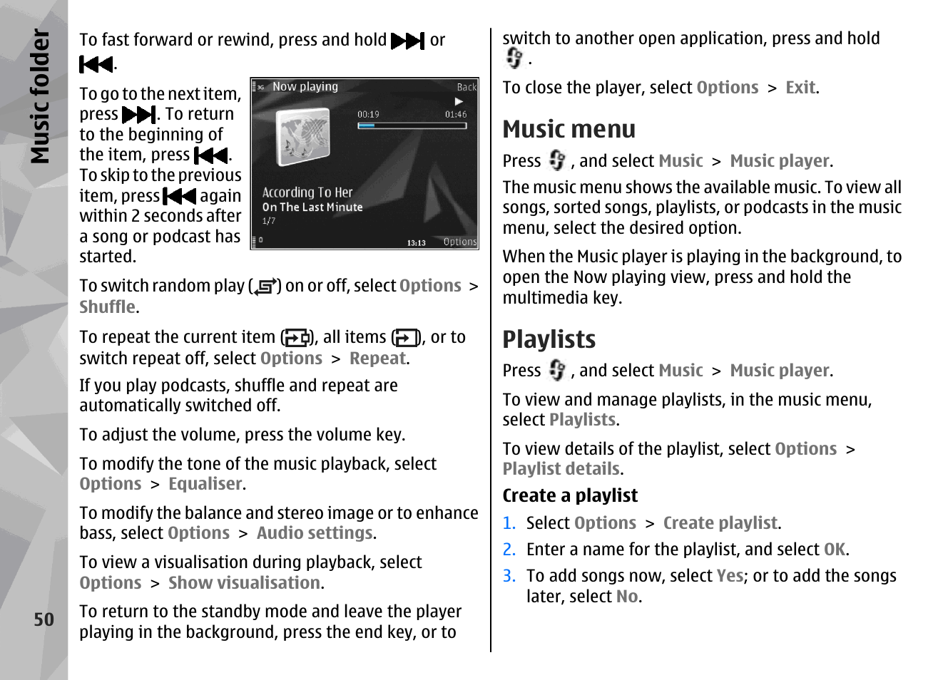 Music menu, Playlists, Music fol der | Nokia N96 User Manual | Page 50 / 396