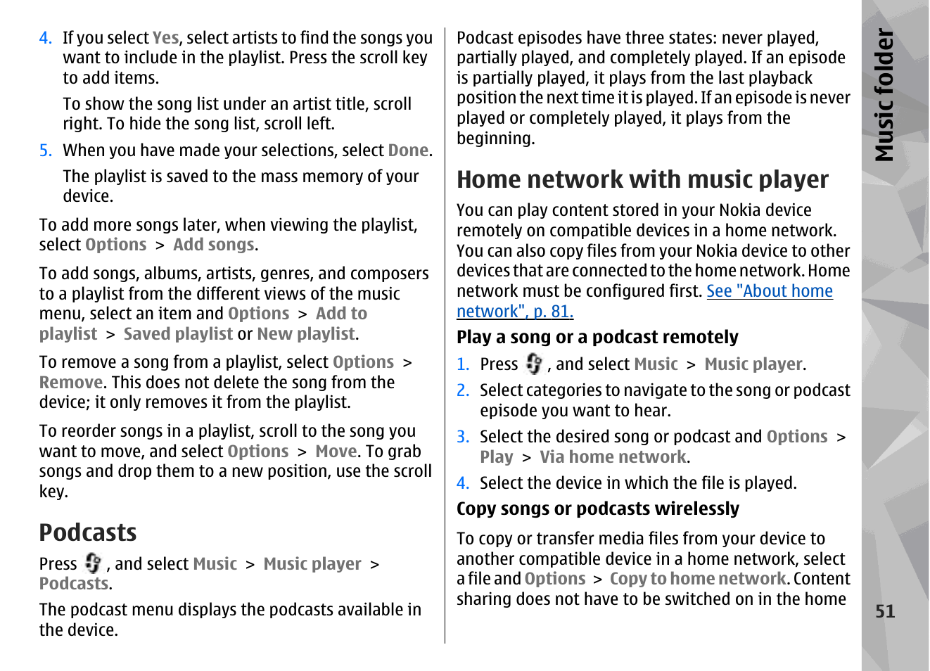 Podcasts, Home network with music player, Music fol der | Nokia N96 User Manual | Page 51 / 396