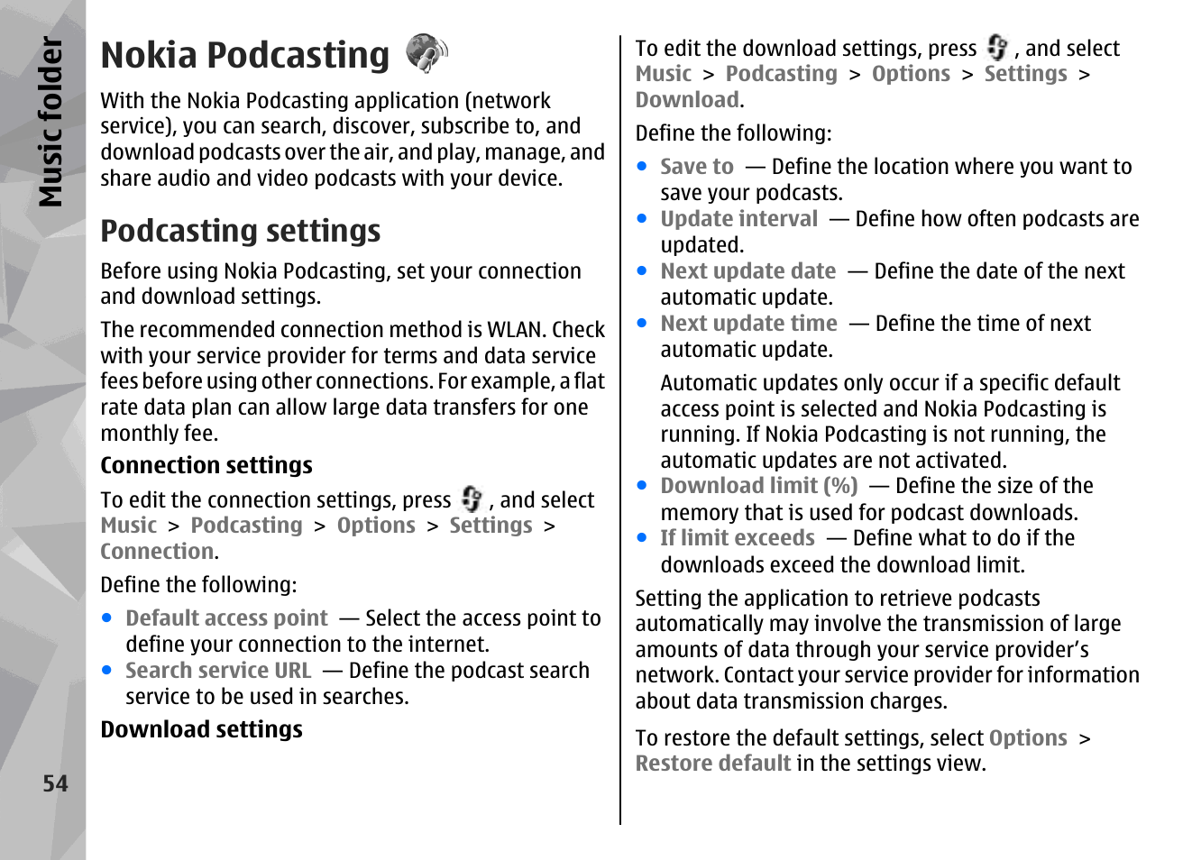 Nokia podcasting, Podcasting settings, Music fol der | Nokia N96 User Manual | Page 54 / 396
